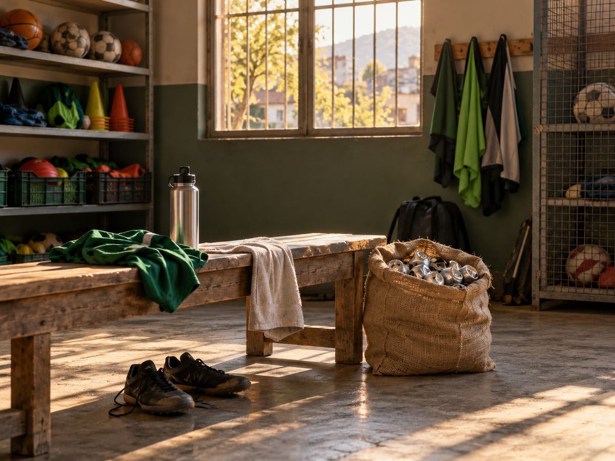 Bodega de un club deportivo con un saco de latas junto a un banco, escena referencial.