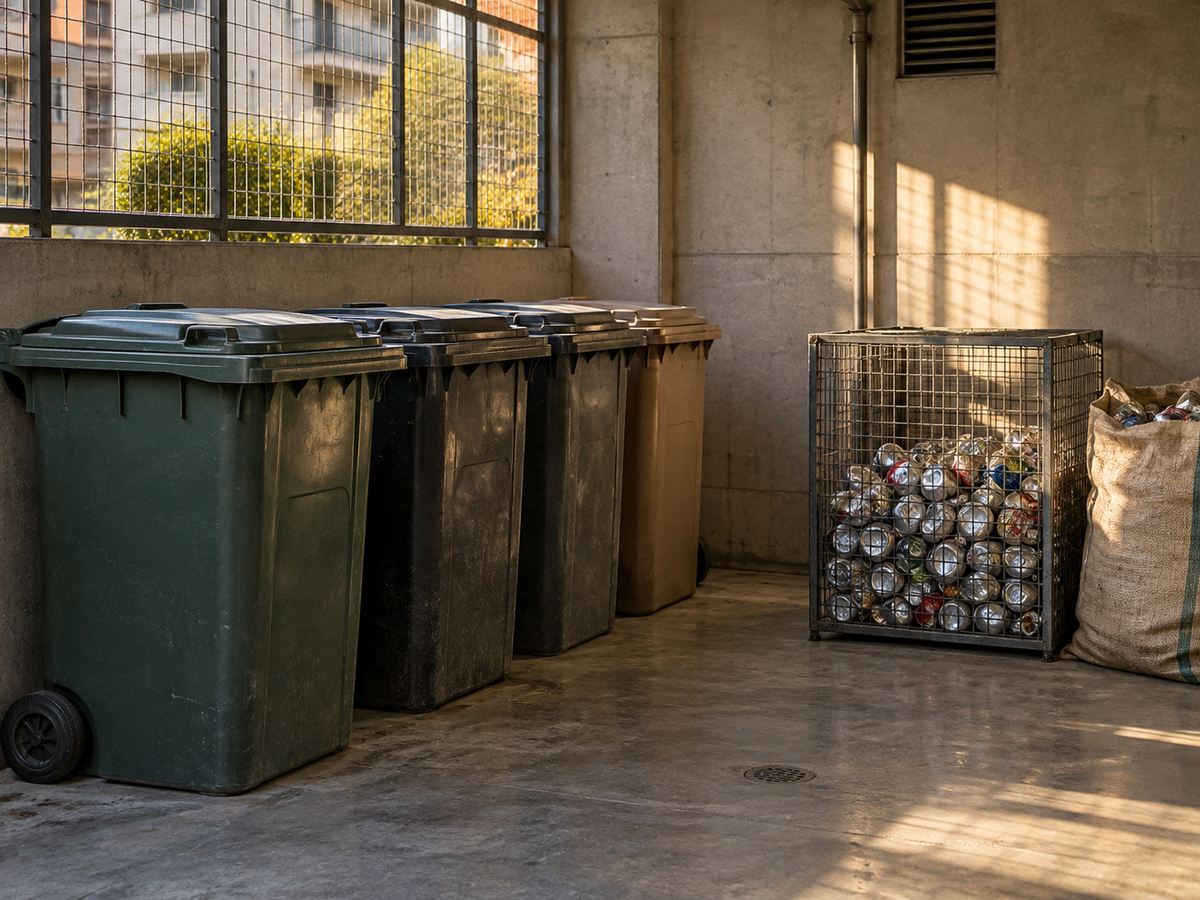 Sala de basura ordenada con latas separadas en un contenedor, escena referencial.