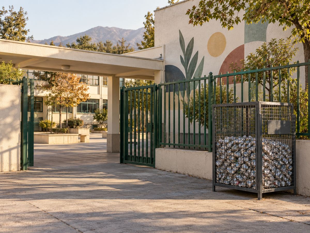 Entrada de una escuela sin estudiantes, con un contenedor de latas, escena referencial.