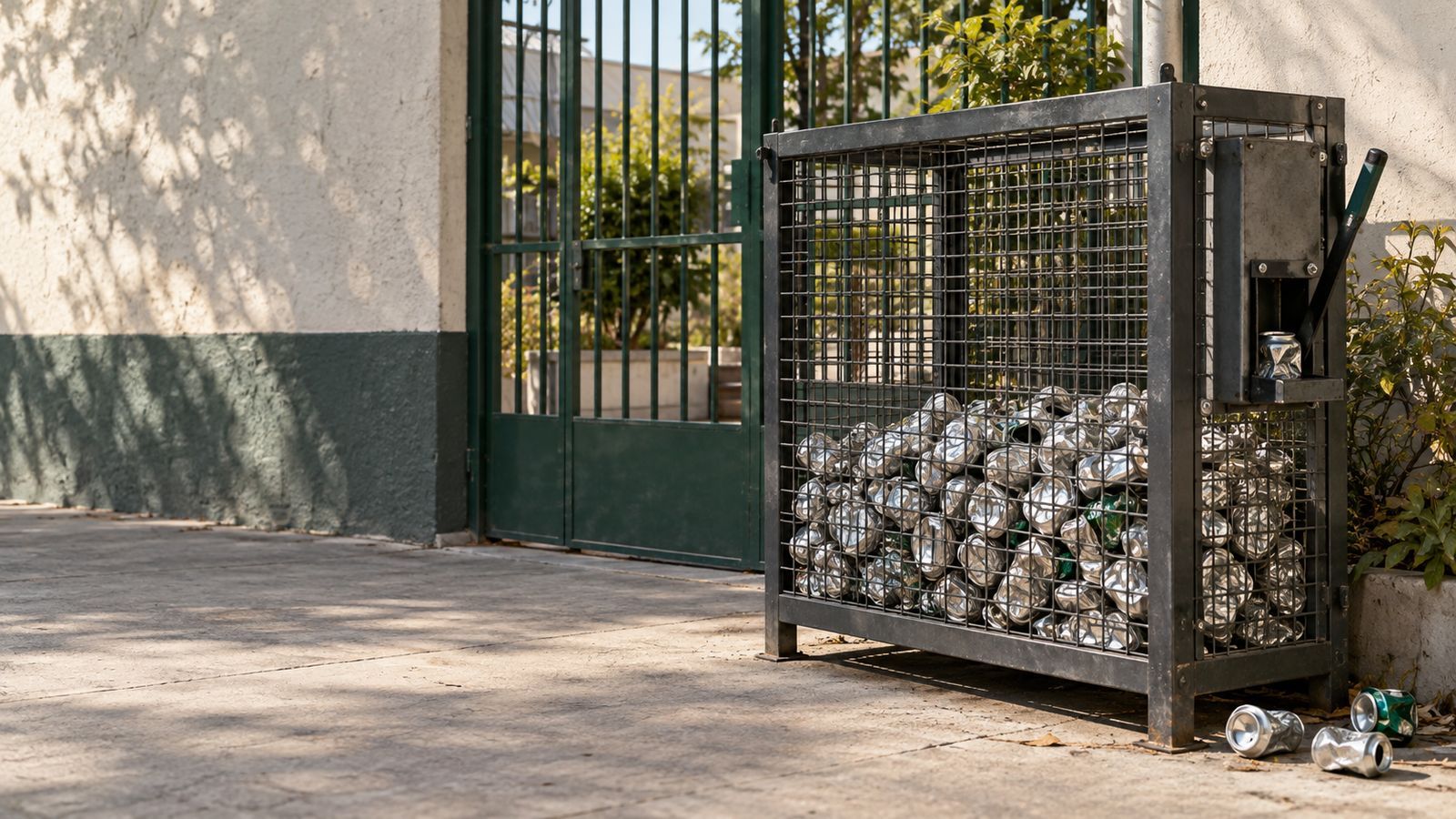 Contenedor de malla con latas aplastadas y un aplastador manual junto a una sede vecinal, imagen referencial.