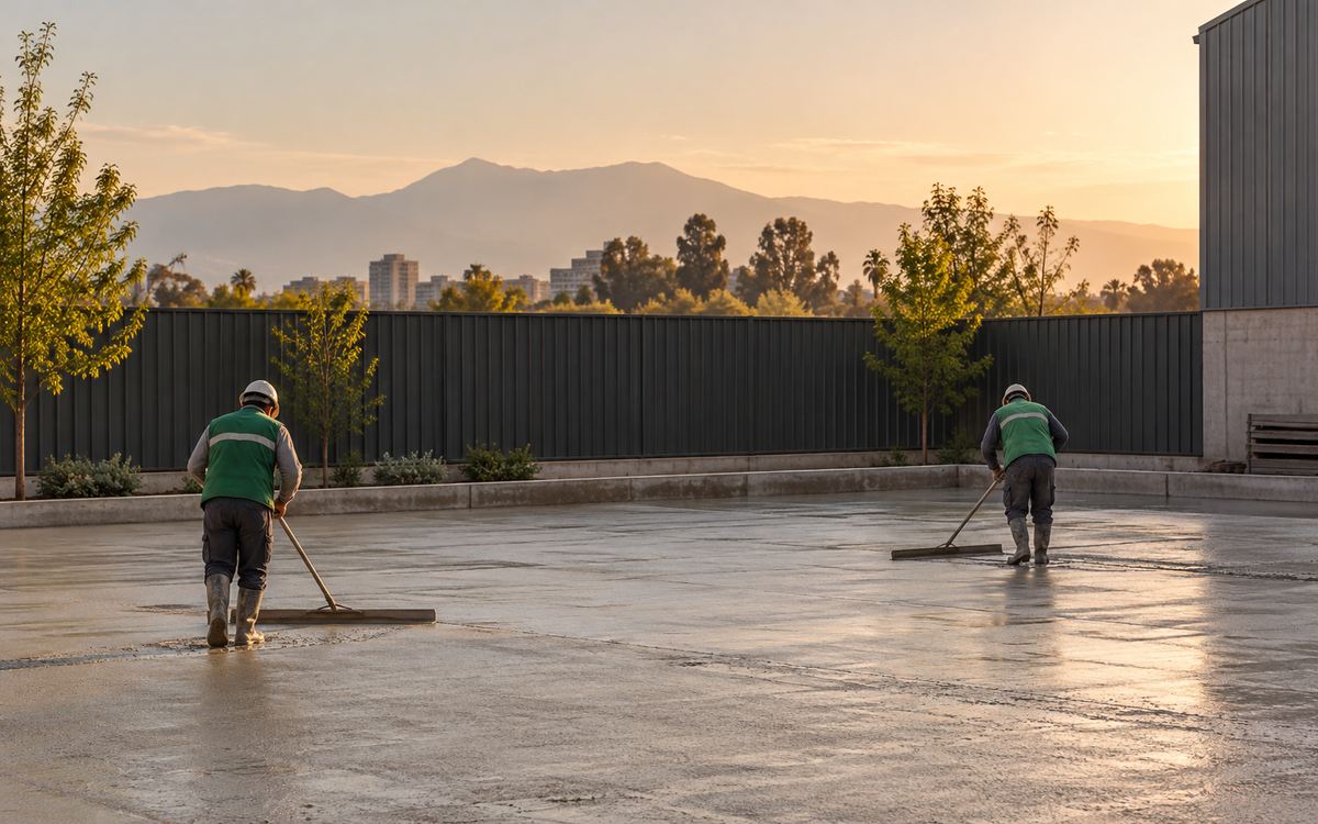 Patio industrial con hormigón fresco y trabajadores lejanos de espalda junto a una reja, escena referencial.